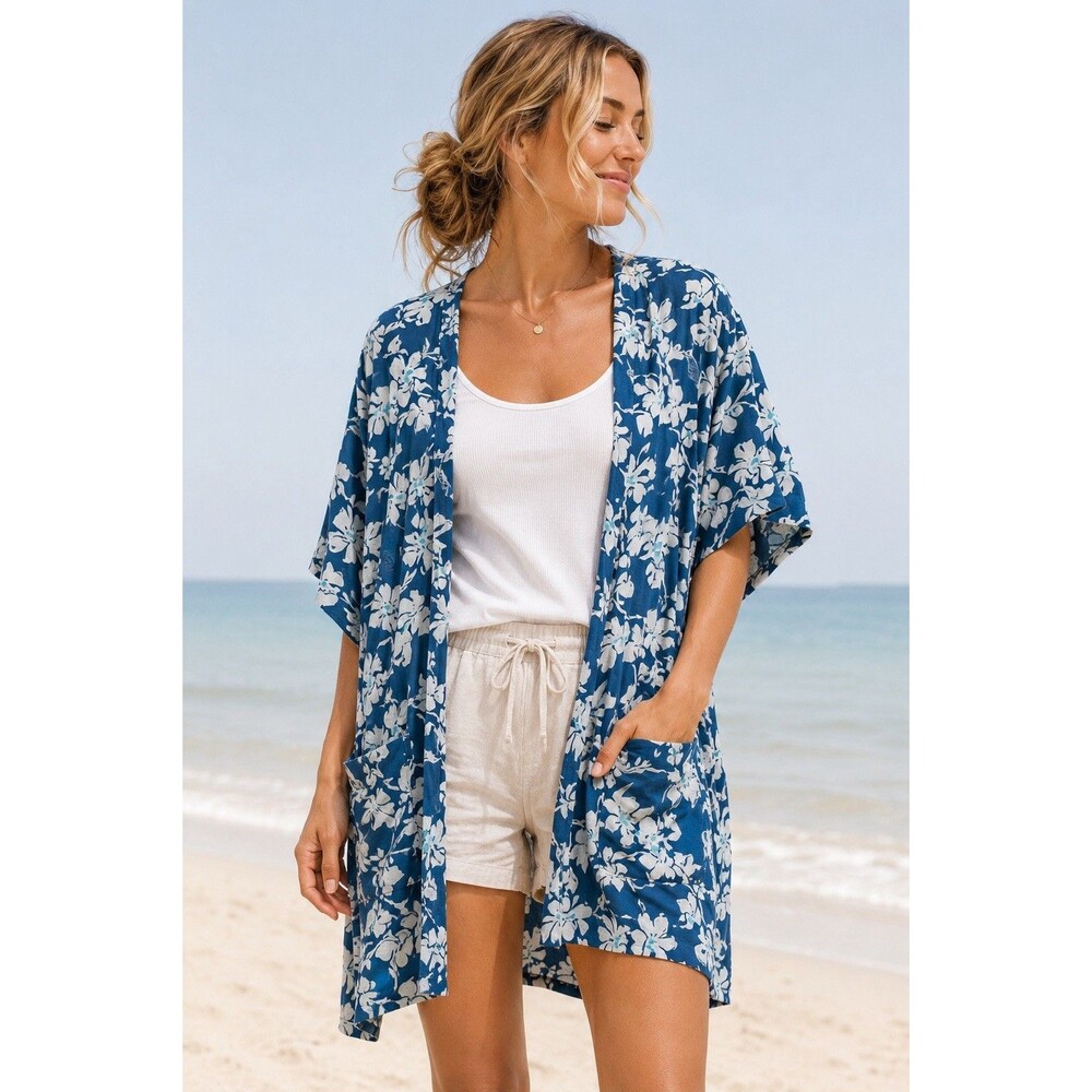 Known Supply Floral Kimono Cover Up Blue Tropical Organic Cotton Cardigan Hawaii